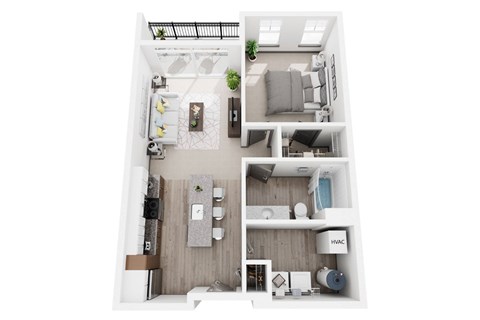 Floor plan for 1 bed, 1 bath, 697 sqft